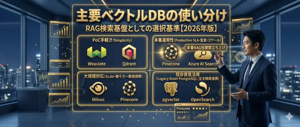 ベクトルDBは、データ規模、運用体制、既存資産、Hybrid Search要件で選ぶべきである。