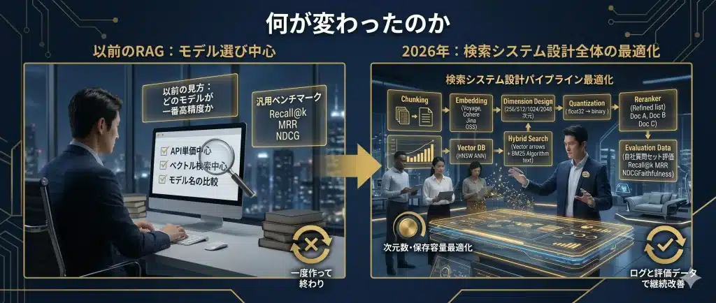 Embeddingの競争軸は、単純な高精度モデル選びから、検索設計全体の最適化へ移っている。