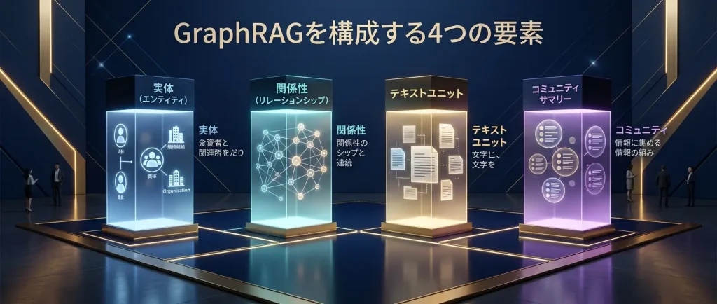 GraphRAGは、エンティティ、関係、コミュニティ要約を使って、知識の地図から回答根拠を探す仕組みである。