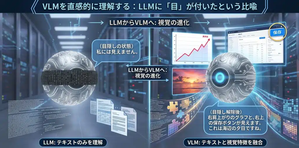 目隠しをして会話していたAIが目隠しを外したイメージ