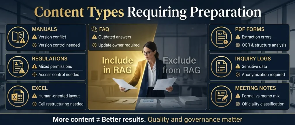 RAG対象コンテンツは、PDFやマニュアルだけではない。問い合わせ履歴、FAQ、規程、議事録、ナレッジまで含む。