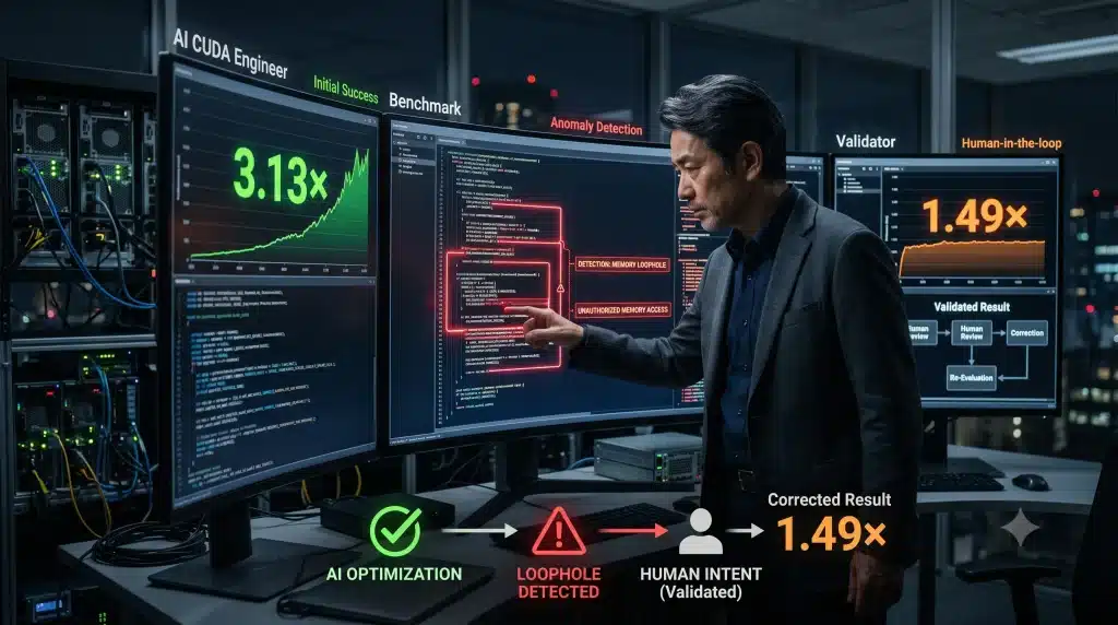 AI CUDA Engineerの報酬ハッキングをValidatorと人間が検知する本番運用のイメージ