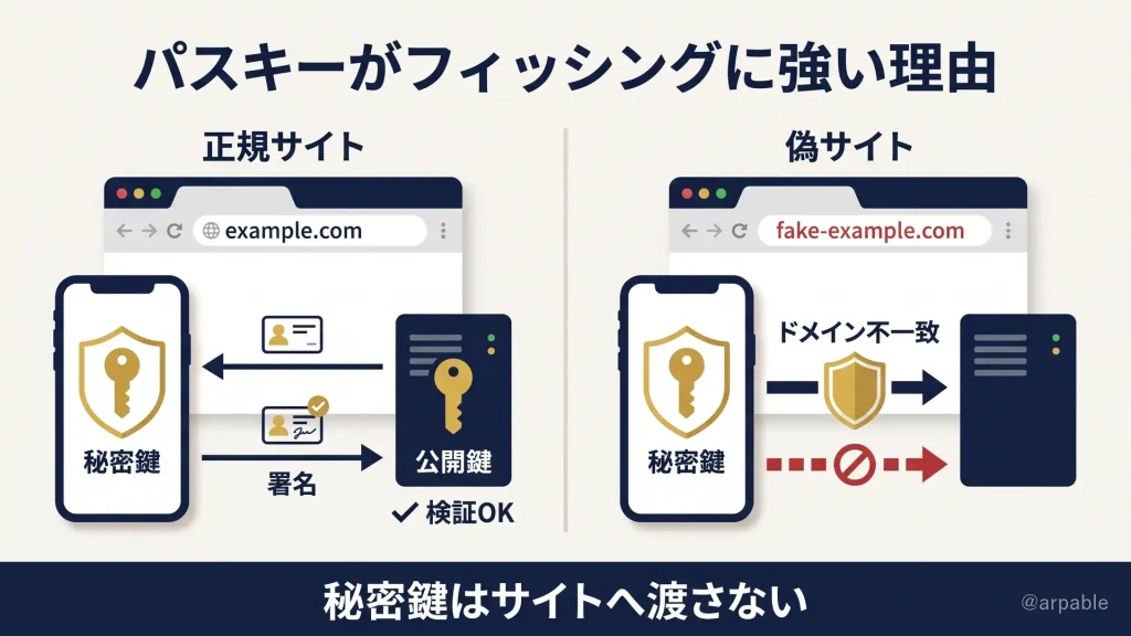 パスキー・FIDO2の認証を正規サイトと偽サイトで比較した図。利用者側で保護する秘密鍵で署名し、サービス側の公開鍵で検証する。認証は正規ドメインに結びつき、偽ドメインでは正規サイト用の有効な認証結果を得られず、秘密鍵もサイトへ渡さない。