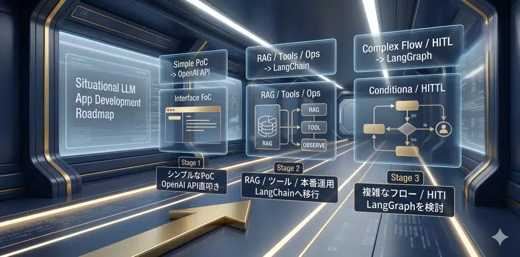 LangChainは、RAG・ツール・会話状態・評価が増えたときに効果を発揮する部品箱です。