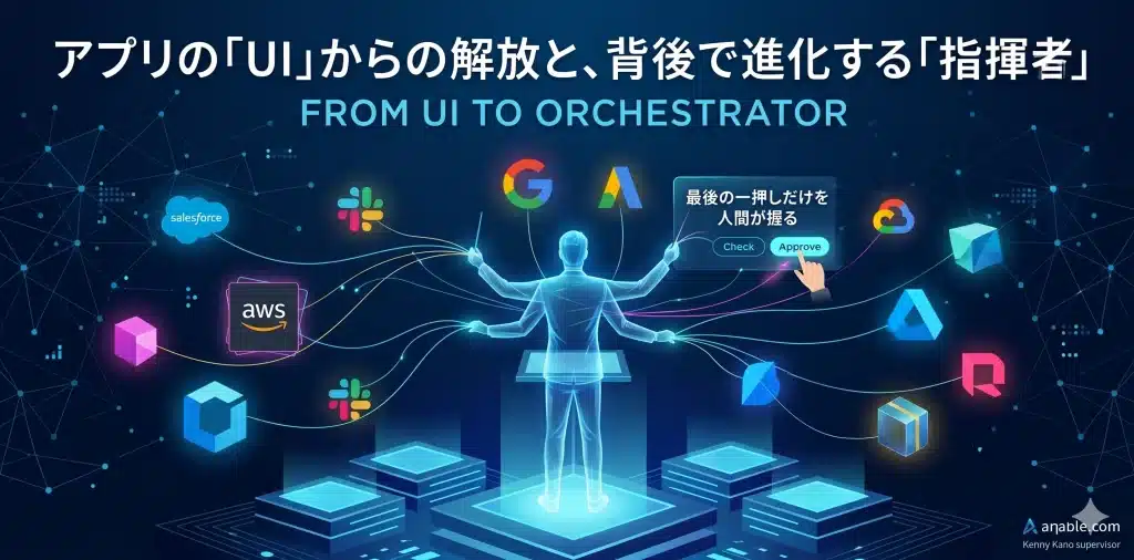 かつての「アプリの機能を使いこなす」時代は終わり、LLMという「知能」が既存SaaSを背後で部品として操る「指揮者」へと進化した物語を解説します。
