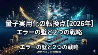 未来的な量子チップが中央の回路基板上に置かれ、背後にデジタル粒子と電気的干渉で作られた「エラーの壁」が立ちはだかる、2026年の量子コンピューティング実用化の転換点に関するビジネス・テック記事のアイキャッチ画像。チップから、壁を克服する2つの戦略を表す動的なルートが伸びている。左側のルートは輝くゴールド、右側のルートは明るいブルー/ターコイズ。ダークネイビーを基調とした背景には、エレガントなゴールドのオブジェクトと光るハイライト、遠くに抽象的な都市のスカイラインが見える。デザインの一部として日本語の大きな見出し「量子実用化の転換点【2026年】」とサブ見出し「エラーの壁と2つの戦略」、下部に小さな英語テキスト「Error Wall & 2 Strategies」が、プレミアムで現代的なタイポグラフィで配置されている