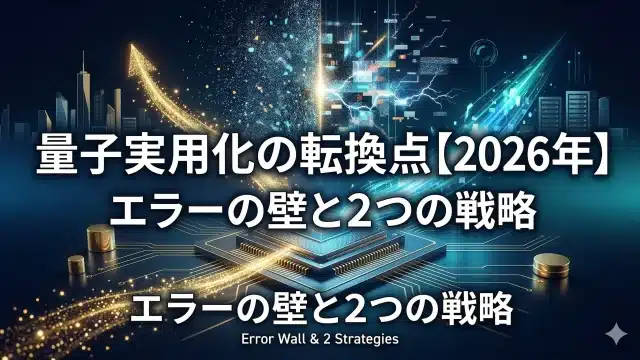 未来的な量子チップが中央の回路基板上に置かれ、背後にデジタル粒子と電気的干渉で作られた「エラーの壁」が立ちはだかる、2026年の量子コンピューティング実用化の転換点に関するビジネス・テック記事のアイキャッチ画像。チップから、壁を克服する2つの戦略を表す動的なルートが伸びている。左側のルートは輝くゴールド、右側のルートは明るいブルー/ターコイズ。ダークネイビーを基調とした背景には、エレガントなゴールドのオブジェクトと光るハイライト、遠くに抽象的な都市のスカイラインが見える。デザインの一部として日本語の大きな見出し「量子実用化の転換点【2026年】」とサブ見出し「エラーの壁と2つの戦略」、下部に小さな英語テキスト「Error Wall & 2 Strategies」が、プレミアムで現代的なタイポグラフィで配置されている