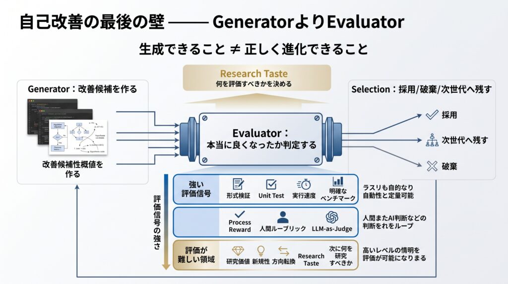 自己改善AIにおけるGenerator、Evaluator、Selection、Research Tasteの関係を示す図。形式検証やUnit Testのような強い評価信号から、研究価値や方向転換のような評価困難な判断へ移るほど、自動化が難しくなる構造を示す。