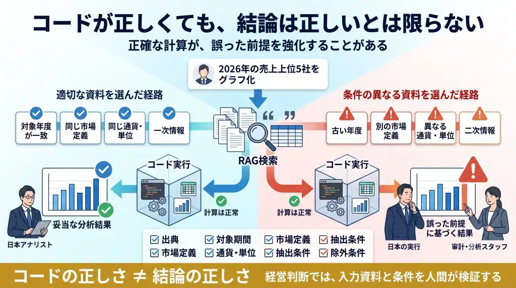 Gemini Notebookでコードが正しく実行されても結論を誤る仕組みを示す図。ユーザーの質問からRAG検索で関連資料を選び、正しい年度・市場・通貨・条件の資料を取得した場合は妥当な分析結果へ進む一方、古い資料や対象条件の異なる資料を取得した場合は、コードが正確に計算しても誤った前提に基づくグラフや結論が生成されることを示している。