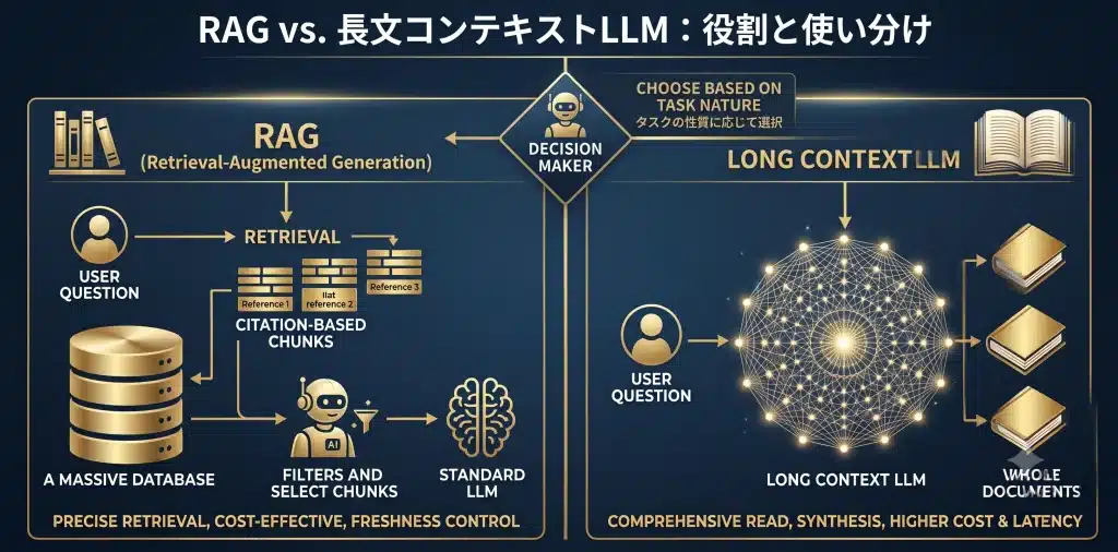 長文コンテキストLLMが進化しても、RAGは不要になりません。両者は役割が異なります。
