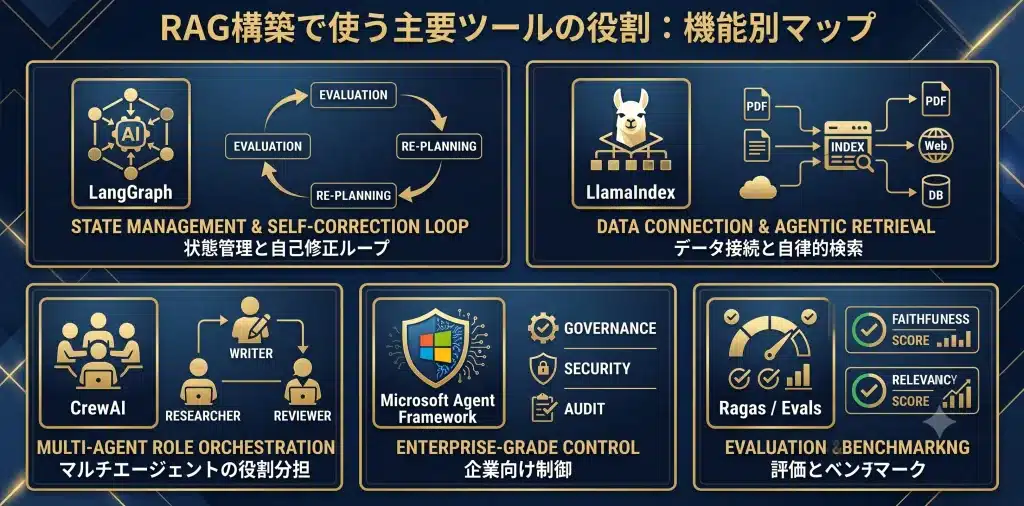 ツール選定で重要なのは、有名かどうかではなく、RAGパイプラインのどの課題を担わせるかです。