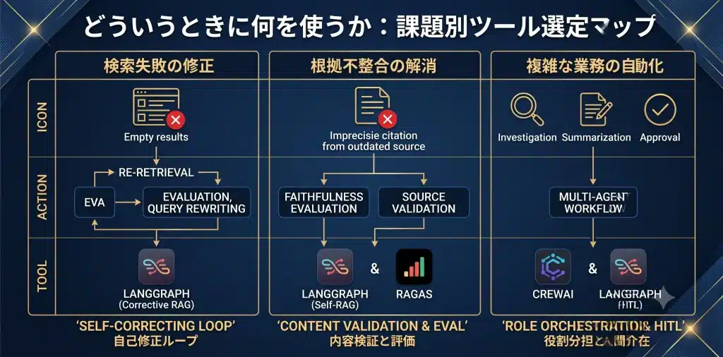 ここが本記事の中核です。RAG構築では、課題ごとに使うツールと順番が変わります。