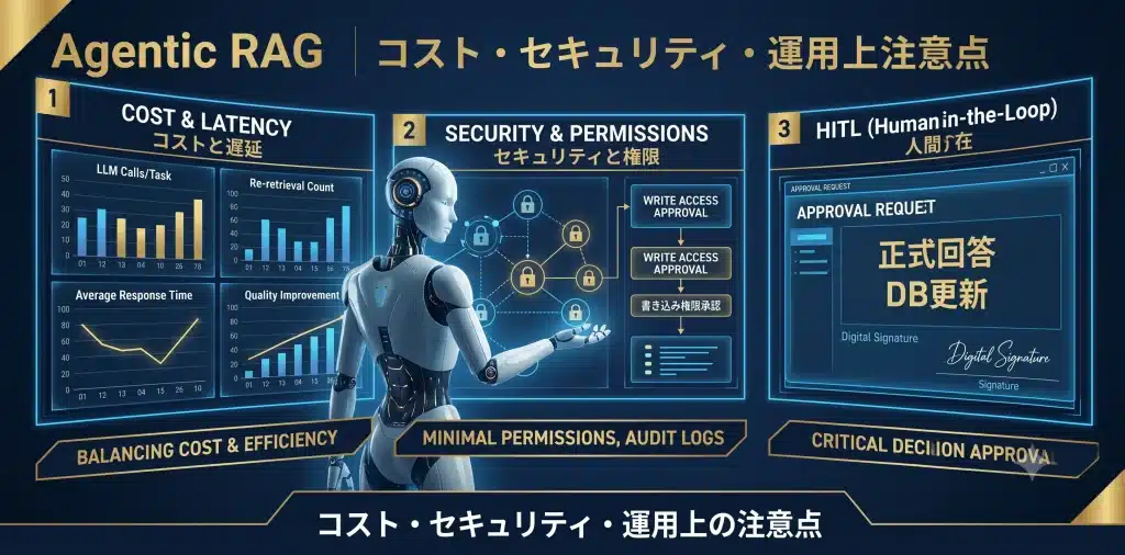 Agentic RAGは強力ですが、推論回数、権限、ログ、承認を設計しないと、本番運用ではリスクになります。