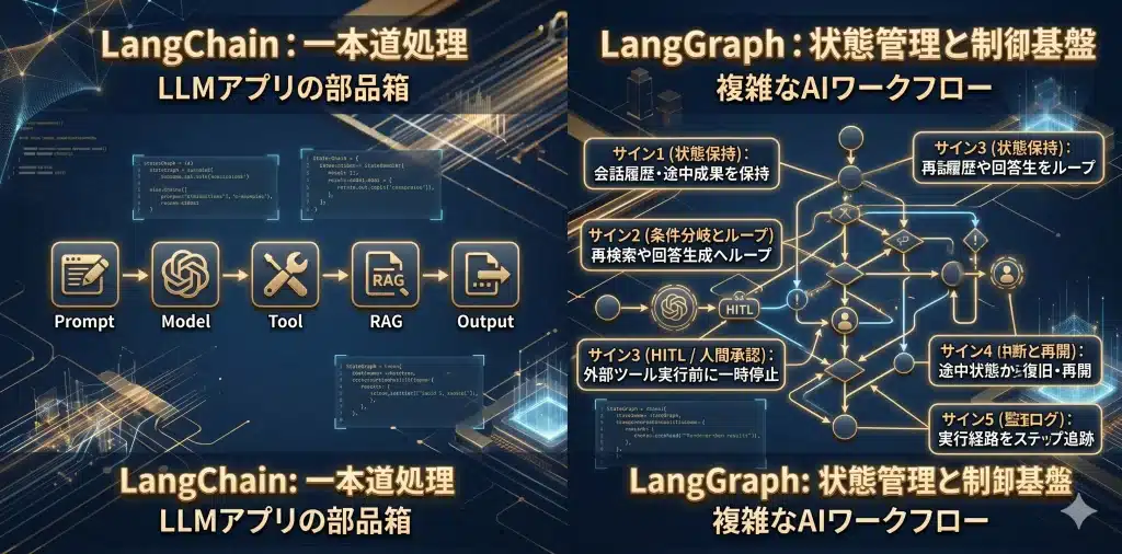 LangChainは「LLMアプリの部品をつなぐ」道具であり、LangGraphは「状態を見ながら処理を制御する」道具です。処理が複雑化し、LangChainだけで耐えられなくなったときが、LangGraph導入のサインです。