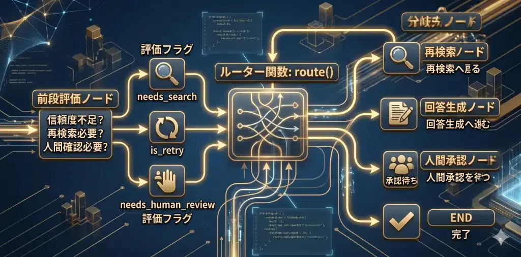 LangGraphの強みは、状態に応じて処理を分岐できることです。検索するか、再検索するか、人間に確認するかを明示的に設計できます。