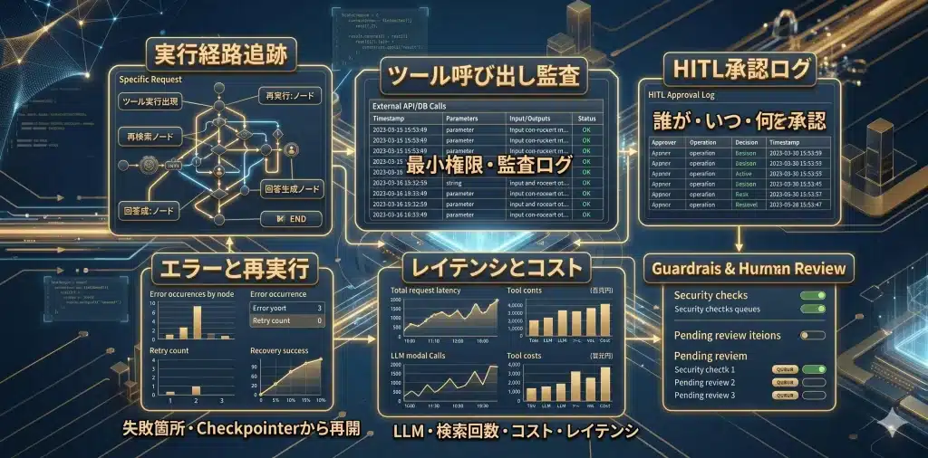 LangGraphを本番で使うなら、グラフの実行経路、ツール呼び出し、HITL承認、エラー、レイテンシ、コストを継続的に観測する必要があります。