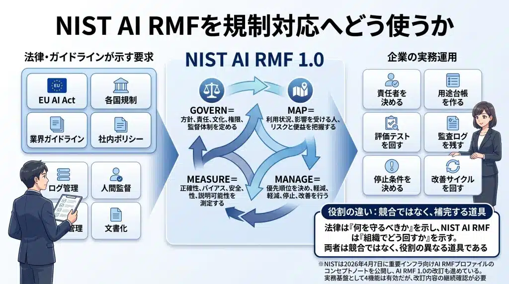 NIST AI RMFを規制対応へどう使うかを示した図。左側に「法律・ガイドラインが示す要求」、中央に「NIST AI RMF 1.0」、右側に「企業の実務運用」が配置されている。中央には4つの基本機能として「GOVERN」「MAP」「MEASURE」「MANAGE」が循環する形で示され、それぞれに「方針・責任・監督体制」「利用状況・影響・リスク把握」「正確性・バイアス・安全性・説明可能性の測定」「優先順位付け・軽減・停止・改善」が対応している。下部には、EU AI Actなどの規制要求を、責任者の設定、用途台帳、評価テスト、停止条件やログ管理へ落とし込む流れが整理されている。