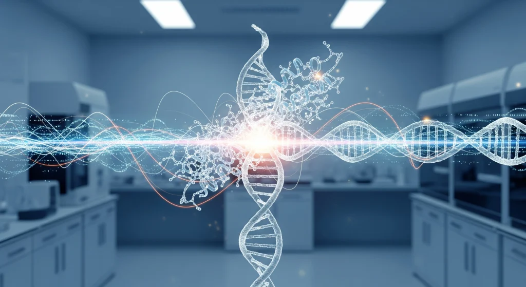 AlphaFold3がタンパク質と薬候補リガンド間の立体相互作用を予測する様子