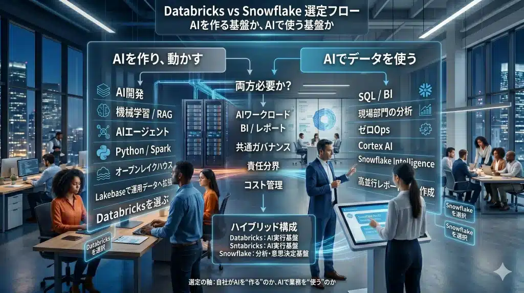 【図2プレースホルダー】Databricks vs Snowflake 選定フロー／ハイブリッド構成図