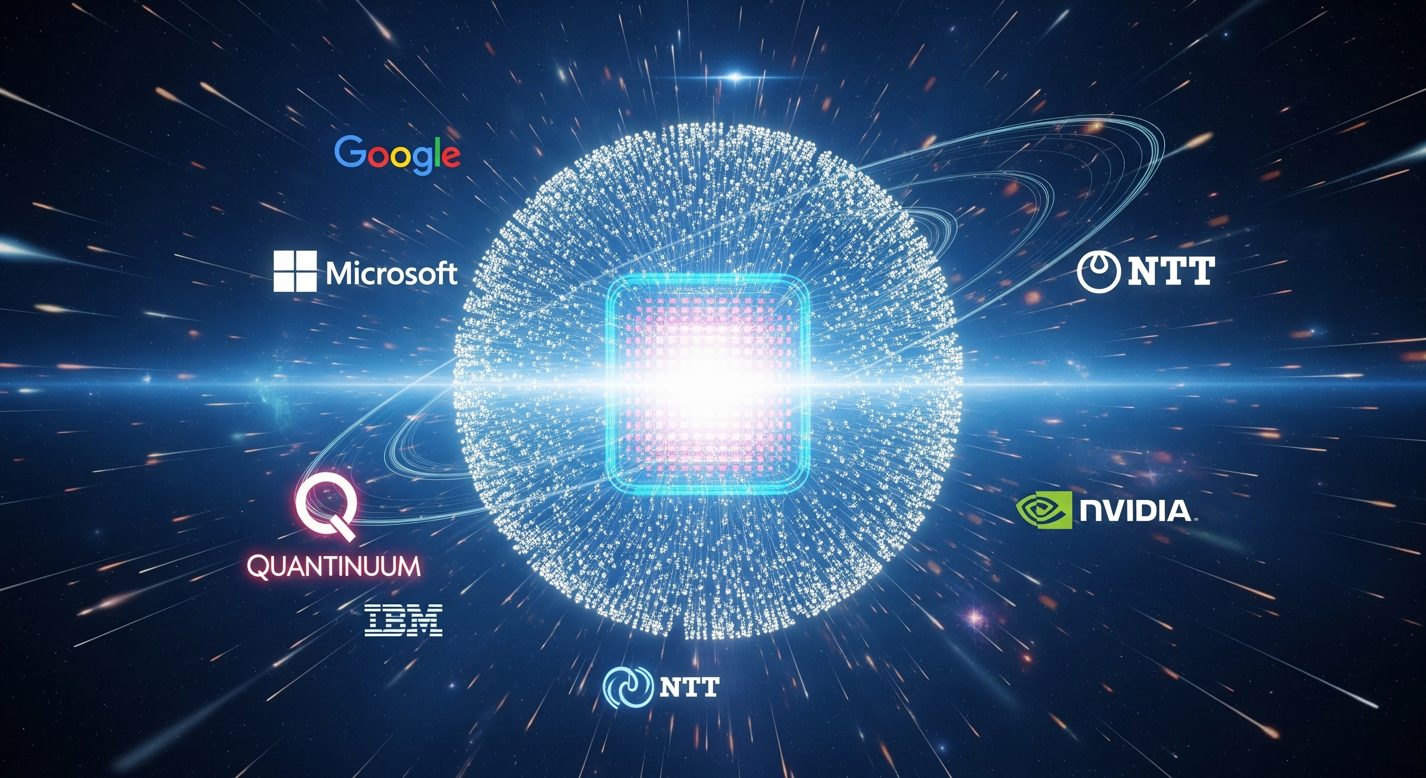 量子コンピュータの概念図と主要企業のロゴ
