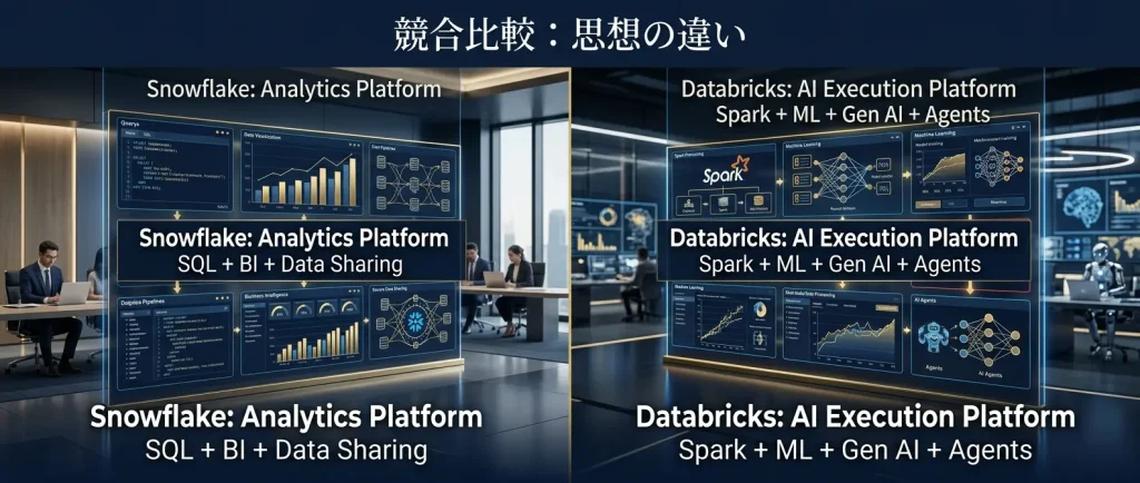 SnowflakeとDatabricksの違いは、機能差ではなく、データ活用の主戦場の違いである。