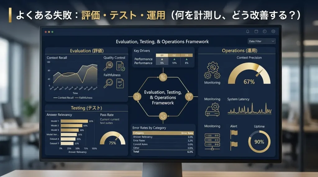 品質計測は再現率（Recall）、精度（Precision）、根拠整合（Citation / Faithfulness）、有用度（Task Success）で行います。