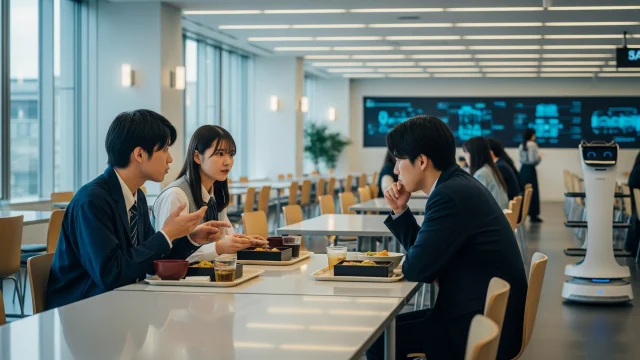 カフェテリアで会話する学生たちと配膳ロボット