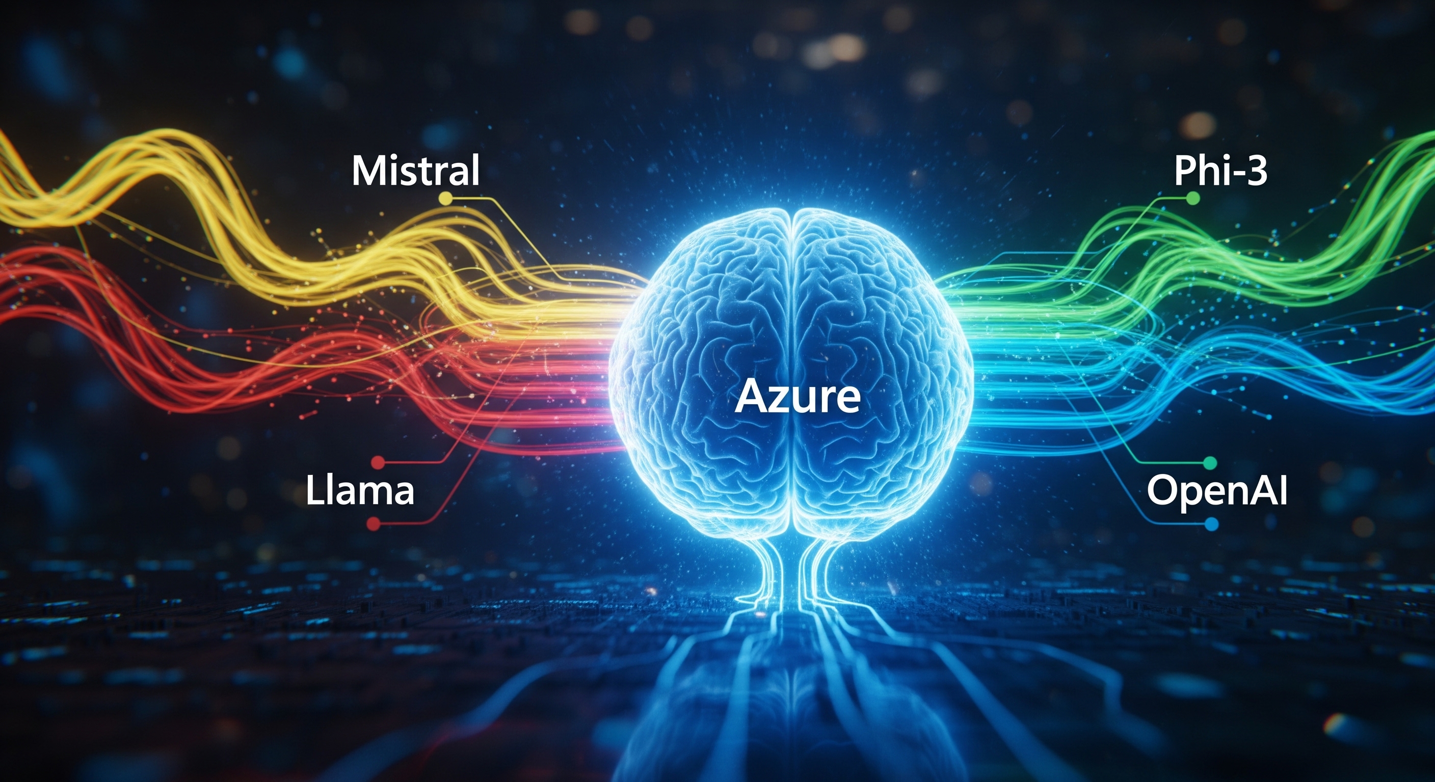 マイクロソフトのマルチLLM戦略を象徴する、中心のAzureに様々な色のデータパイプラインが接続されている抽象的な画像。