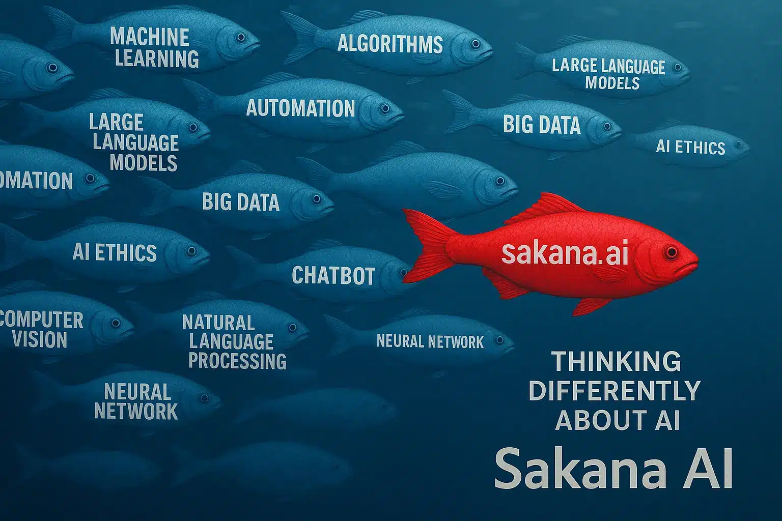 巨大なGPUサーバールームの青い光の中を、赤い1匹の魚がネオンの残像として泳いでいるイメージ。群れから離れて独自の方向に進む象徴的な視覚表現。