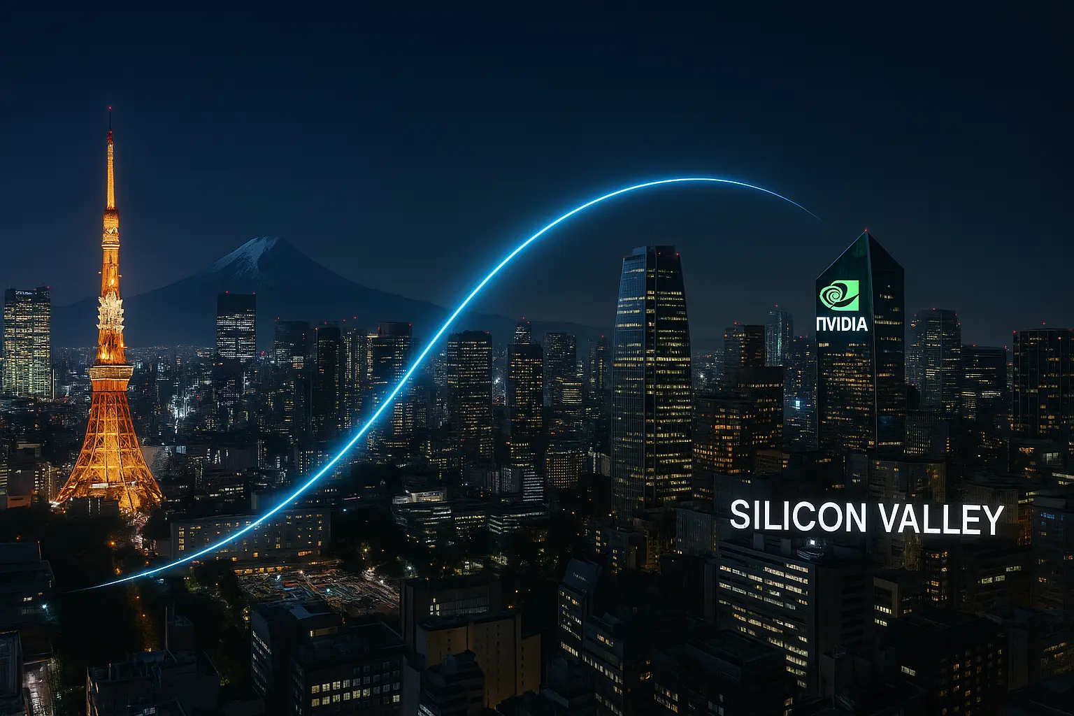 大都会の高層ビル群の夜景。東京とシリコンバレーの金融・テック資本が一本のラインで接続されているようなイメージ。