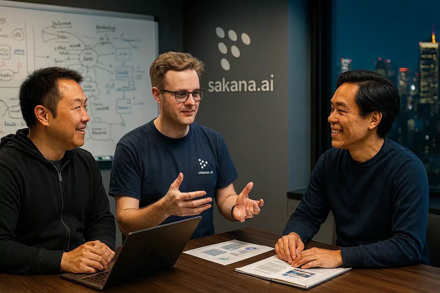 ホワイトボード前で議論する国際色豊かな少人数スタートアップ創業メンバー。研究者と事業責任者が同じテーブルで設計資料を見ている。