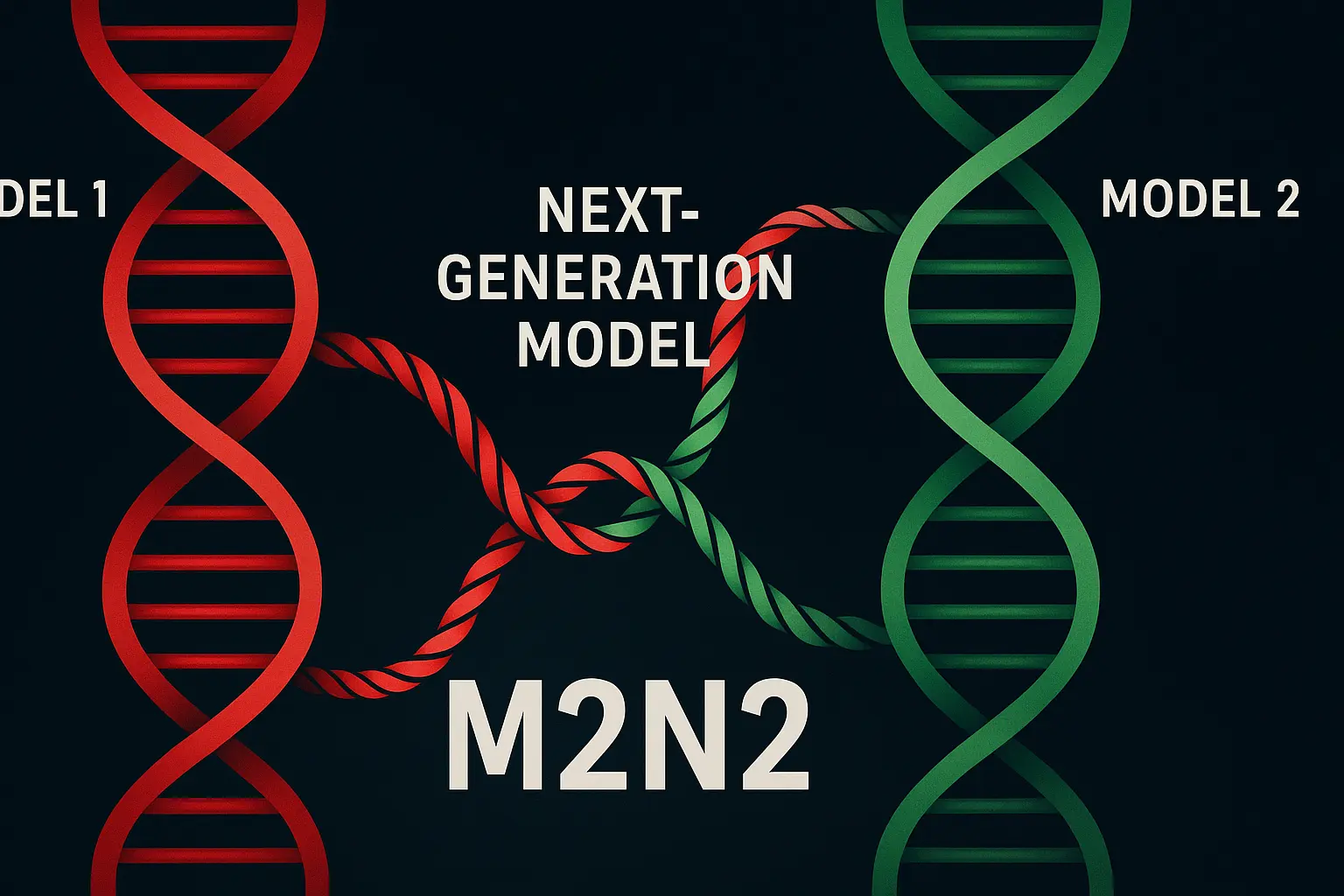 2つの異なるAIモデルが立体的なDNAのように交差し、中央で新しいモデルが形になる瞬間をマクロ撮影したようなビジュアル。