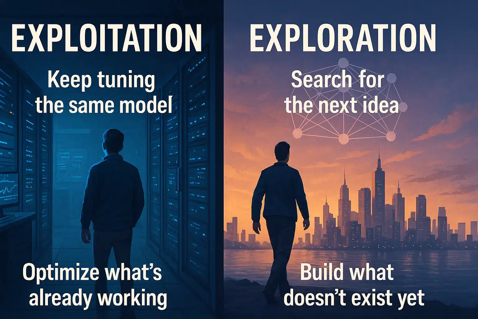 既存のAIモデルを最適化し続ける世界(Exploitation)から、まだ存在しない新しいアーキテクチャを探しに行く世界(Exploration)へ踏み出すイメージ