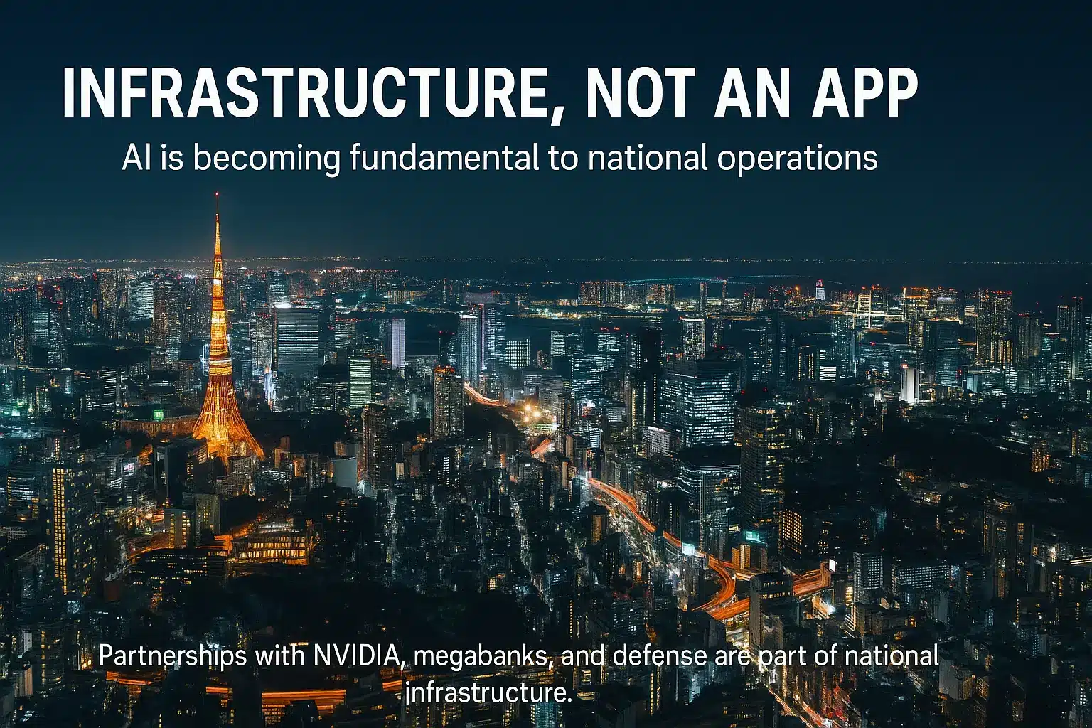 東京の官庁街とデータセンターインフラを俯瞰する構図。日本の国家インフラとAI計算資源が重ね合わされているイメージ。