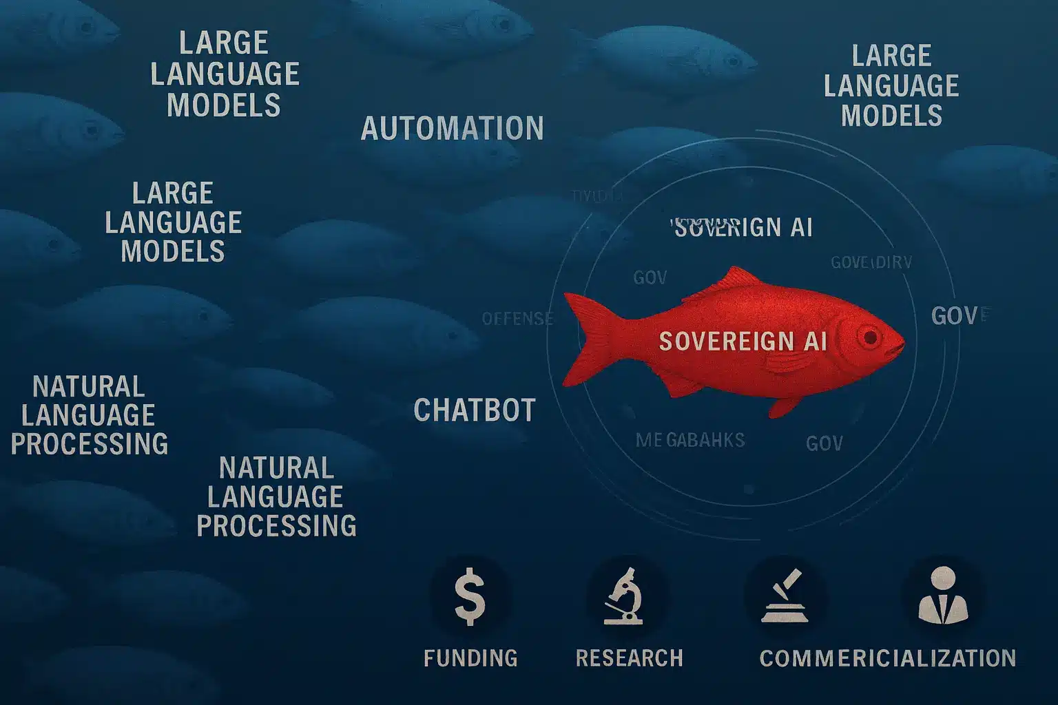 暗い青い海を泳ぐ多数の青い魚(既存のAI分野:MACHINE LEARNING、BIG DATAなど)の中で、1匹だけ保護リングに囲まれた赤い魚が“SOVEREIGN AI”と示され、周囲にNVIDIA・MEGABANKS・DEFENSE・GOVといったラベルが配置されている。下部にはFUNDING・RESEARCH・COMMERCIALIZATIONという3つのアイコンが並び、この赤いAIが国家戦略レベルで支えられていることを表現しているイメージ。