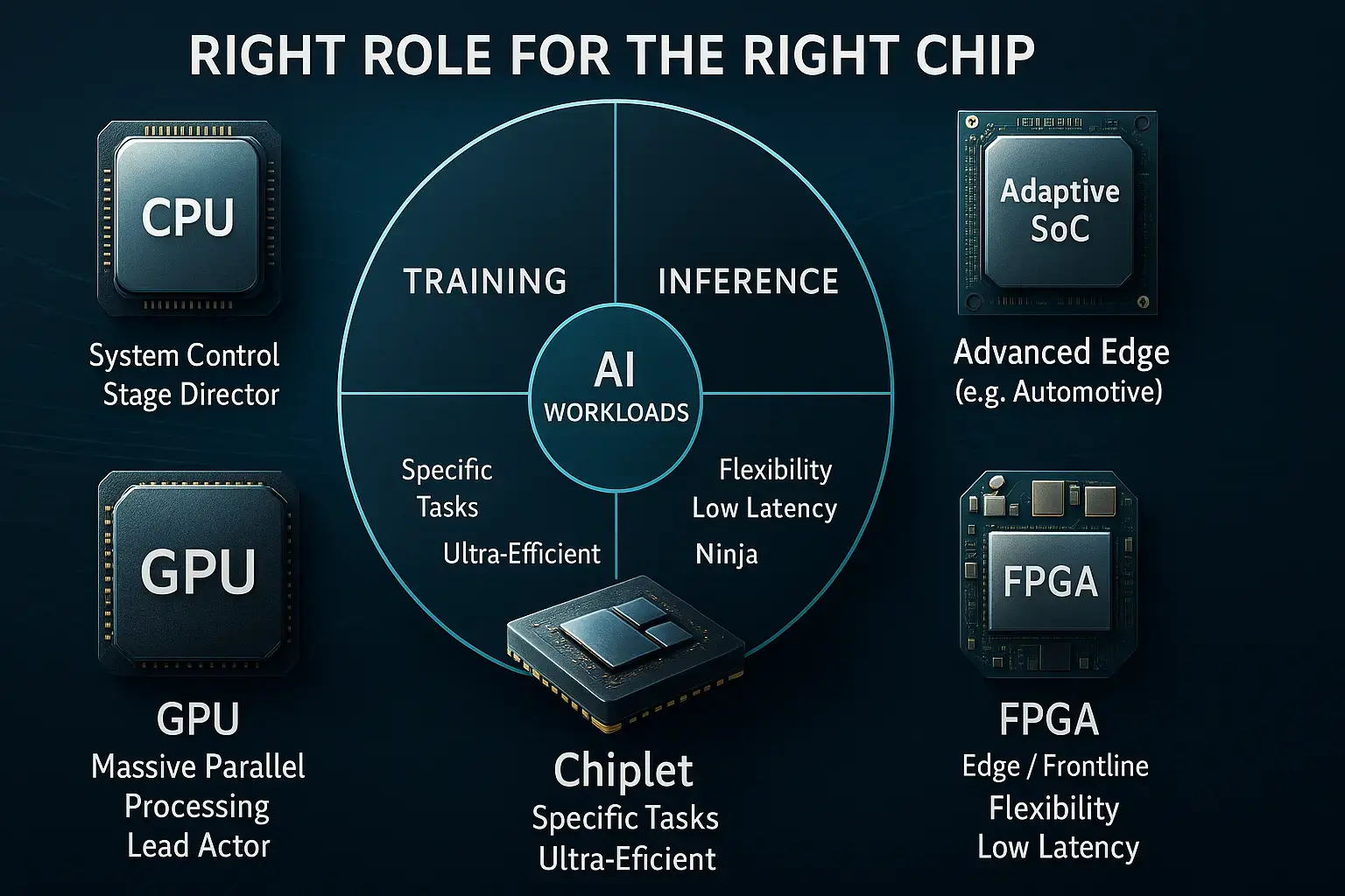 AI半導体の適材適所マップ。中央のAIワークロードを学習と推論に分け、GPUは学習の主役、ASICは推論の高効率刺客、CPUは全体制御、FPGAはエッジの低遅延、Adaptive SoCは車載など高度エッジの統合指揮官として配置した関係図。