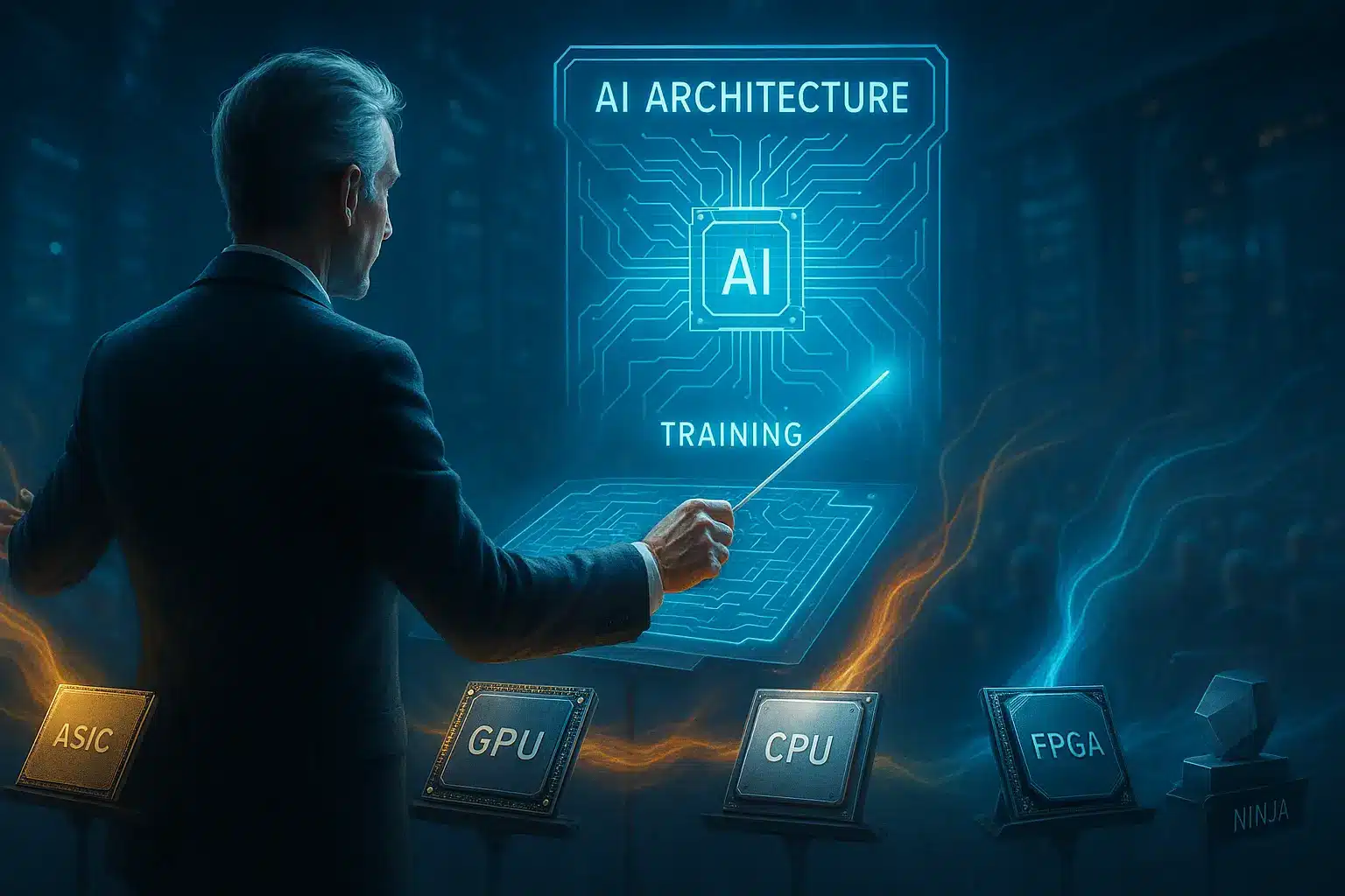データセンターを背景に、指揮棒を振る指揮者がホログラムのAIアーキテクチャを示し、CPU・GPU・ASIC・FPGAの半導体が楽団として光の演奏をする様子。調和と統合を象徴する16対9高解像度イメージ