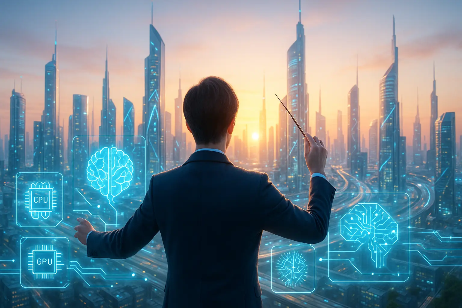 夜明けの未来都市で、指揮棒を掲げた人物がCPU・GPU・脳のホログラムを制御し、AI計算の流れを指揮する光景。16:9横長の構図で、透明な回路線が街を走り、革新と調和の雰囲気を放つ明るい色調で未来感大