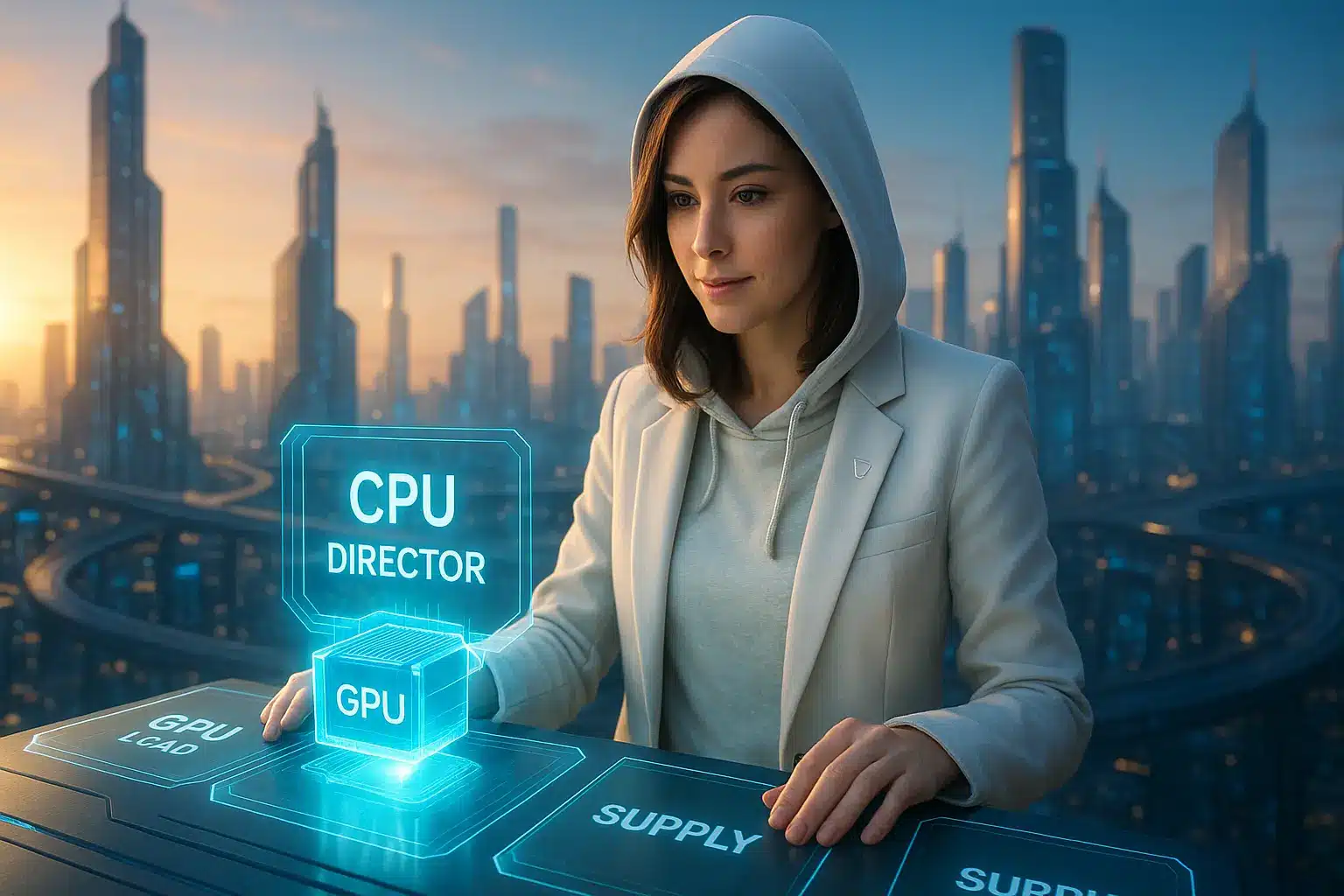 未来都市を背景に、白いパーカーの女性オーケストレーターが「CPU DIRECTOR」ホログラムでGPUや供給を采配する高精細画像
