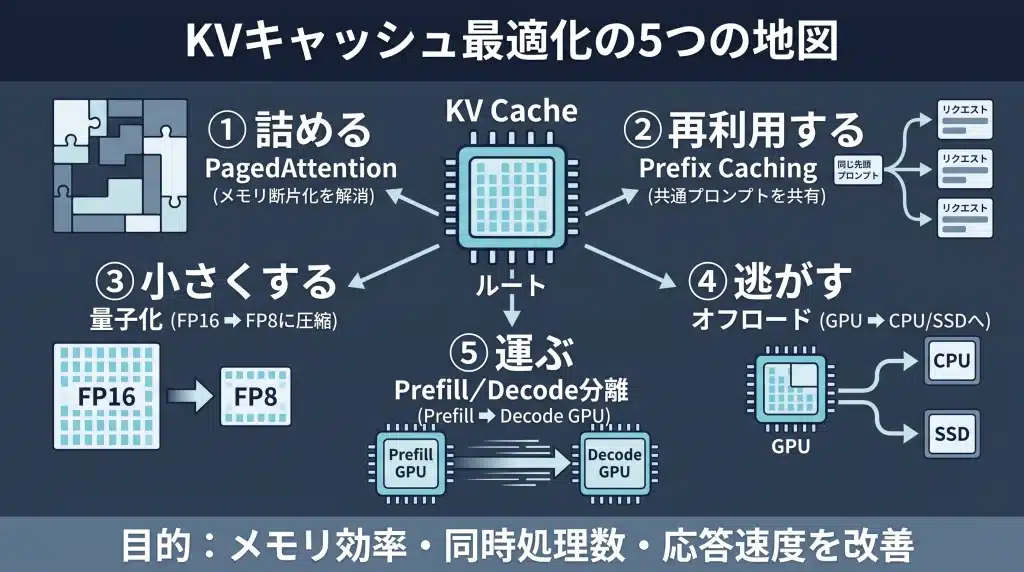 KVキャッシュ最適化を「詰める・再利用する・小さくする・逃がす・運ぶ」の5分類で整理した図。PagedAttention、Prefix Caching、KVキャッシュ量子化、CPUやSSDへのオフロード、Prefill／Decode分離を、解決するメモリ・速度・同時処理の課題と対応させている。