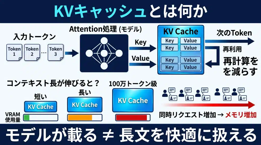 LLMのKVキャッシュが、過去トークンから計算したKeyとValueをGPUメモリへ保存し、次のトークン生成時の再計算を減らす仕組みを示す図。コンテキスト長と同時リクエスト数が増えるほどKVキャッシュが大きくなり、VRAM使用量を圧迫する関係も視覚化している。