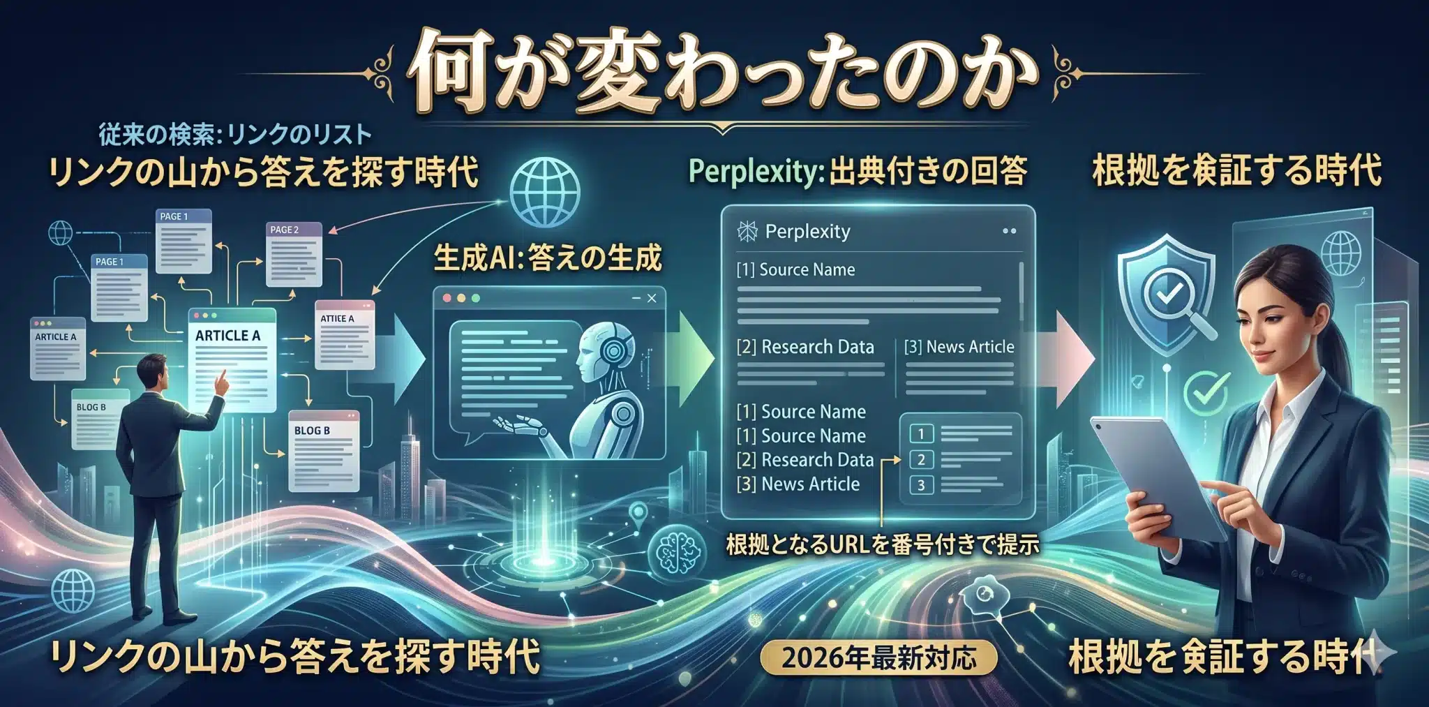 Perplexityが出典付き回答を返すアンサーエンジンであることを示す図解