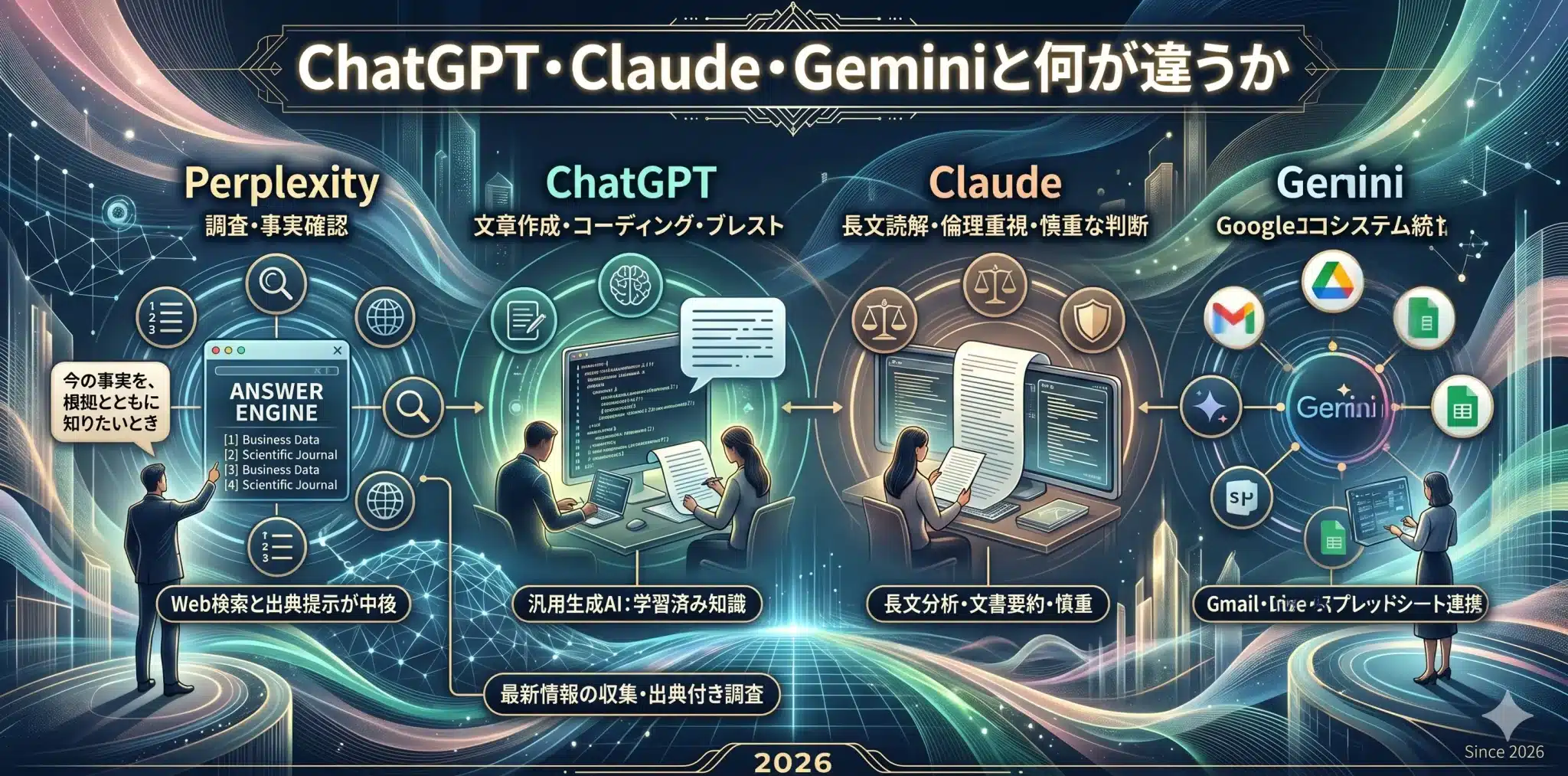 Perplexity、ChatGPT、Claude、Geminiの設計思想の違いを比較する図解
