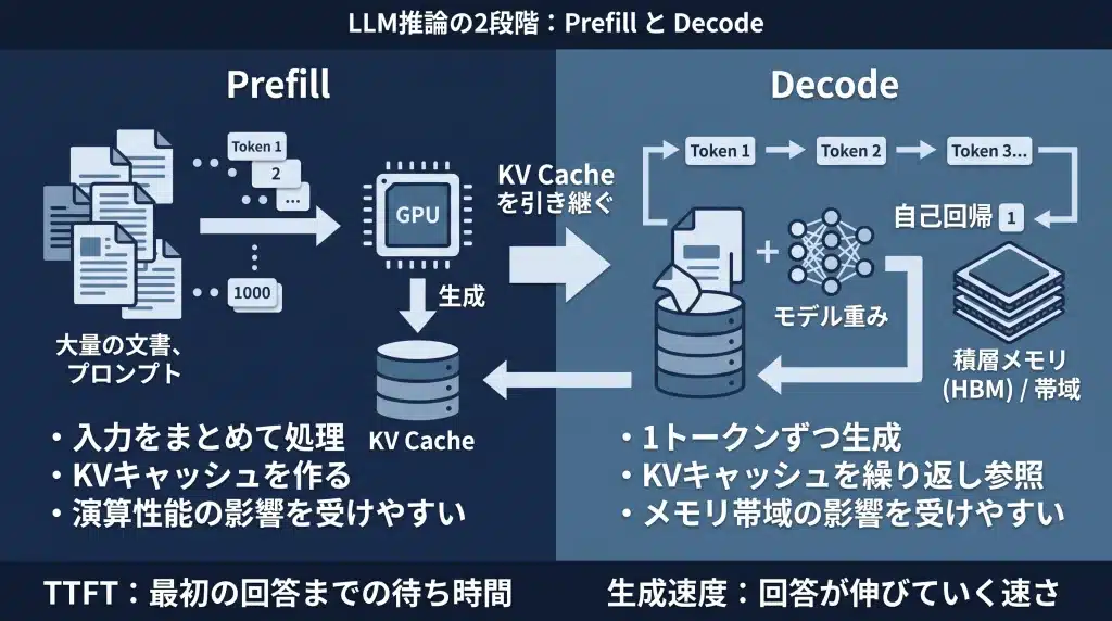 LLMのKVキャッシュが、過去トークンから計算したKeyとValueをGPUメモリへ保存し、次のトークン生成時の再計算を減らす仕組みを示す図。コンテキスト長と同時リクエスト数が増えるほどKVキャッシュが大きくなり、VRAM使用量を圧迫する関係も視覚化している。