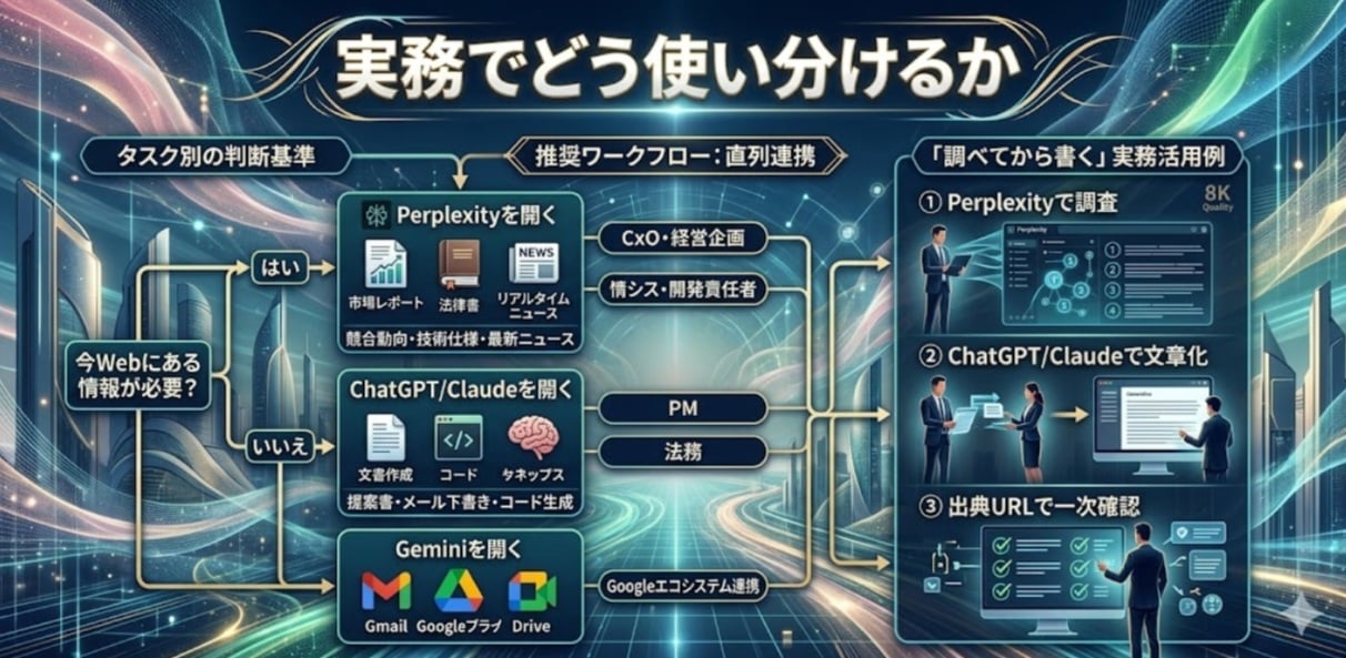 PerplexityとChatGPTやClaudeを実務で使い分ける流れを示す図解