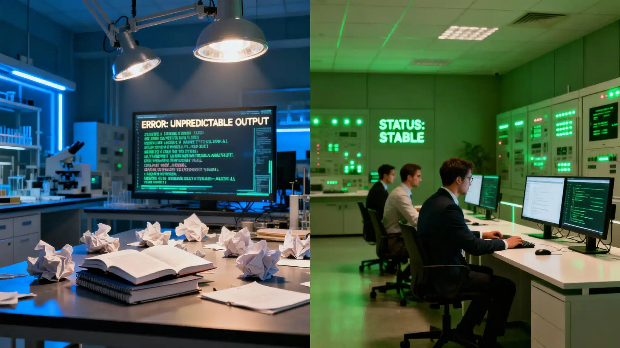 スプリットスクリーン左側：散乱するノート、ちらつく画面、不安定な実験室環境。右側：緑色ライト、冷静なエンジニアチーム、組織化されたダッシュボード。デモ環境の混乱から本番環境の秩序への進化を象徴
