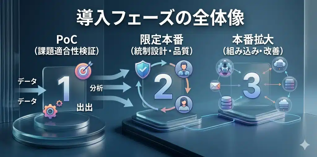AIエージェントの導入は「PoC→限定本番→本番拡大」の3段階で進める。フェーズを飛ばすと必ず詰まる。