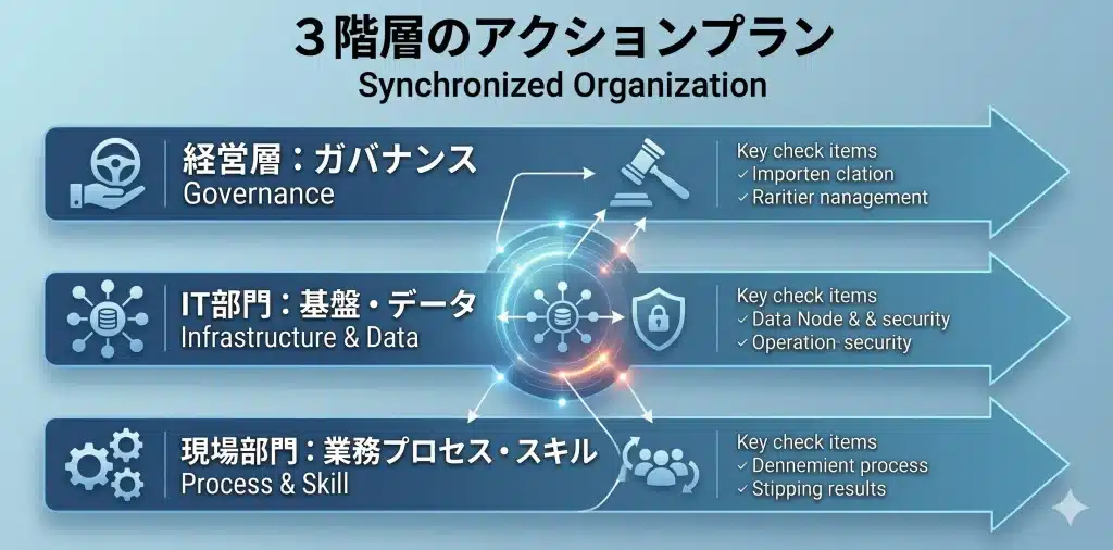 AIエージェント導入は「経営・IT・現場」の3階層が同時に動く必要がある。どれかが欠けると本番化で止まる。