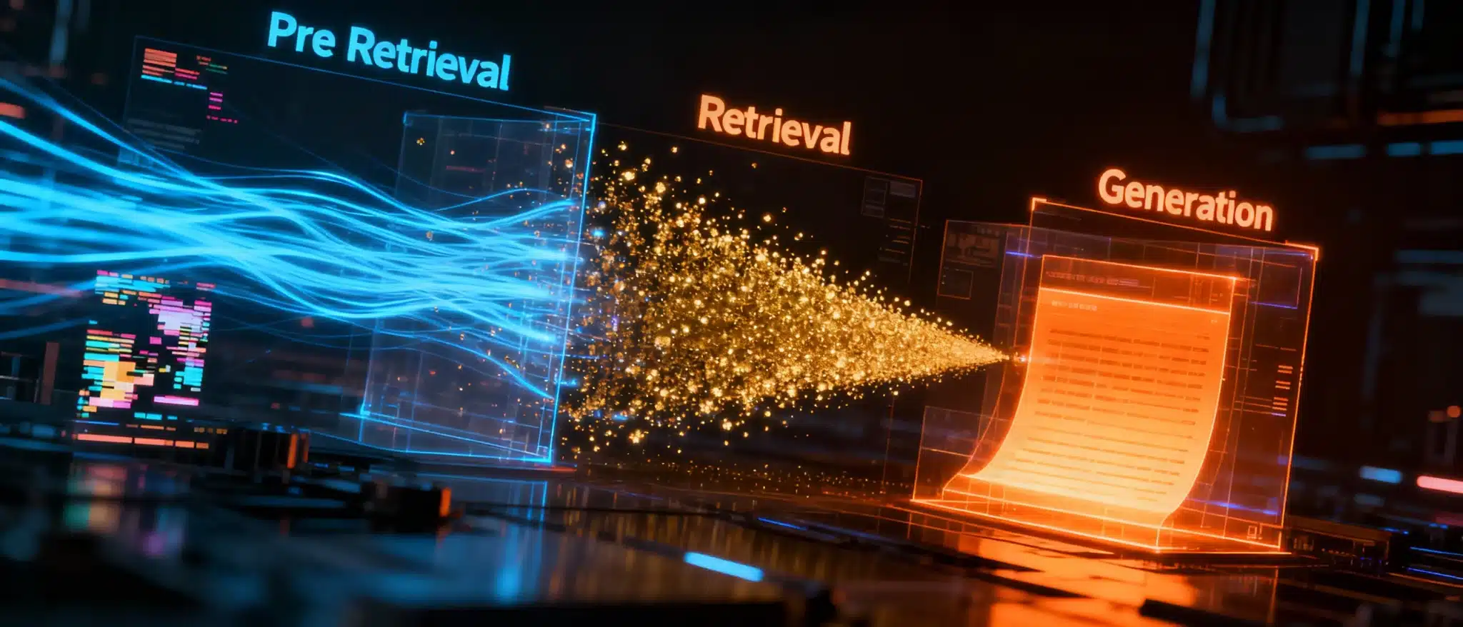 3Dホログラフィック技術ノワールスタイルのRAGパイプライン可視化。左から右へ