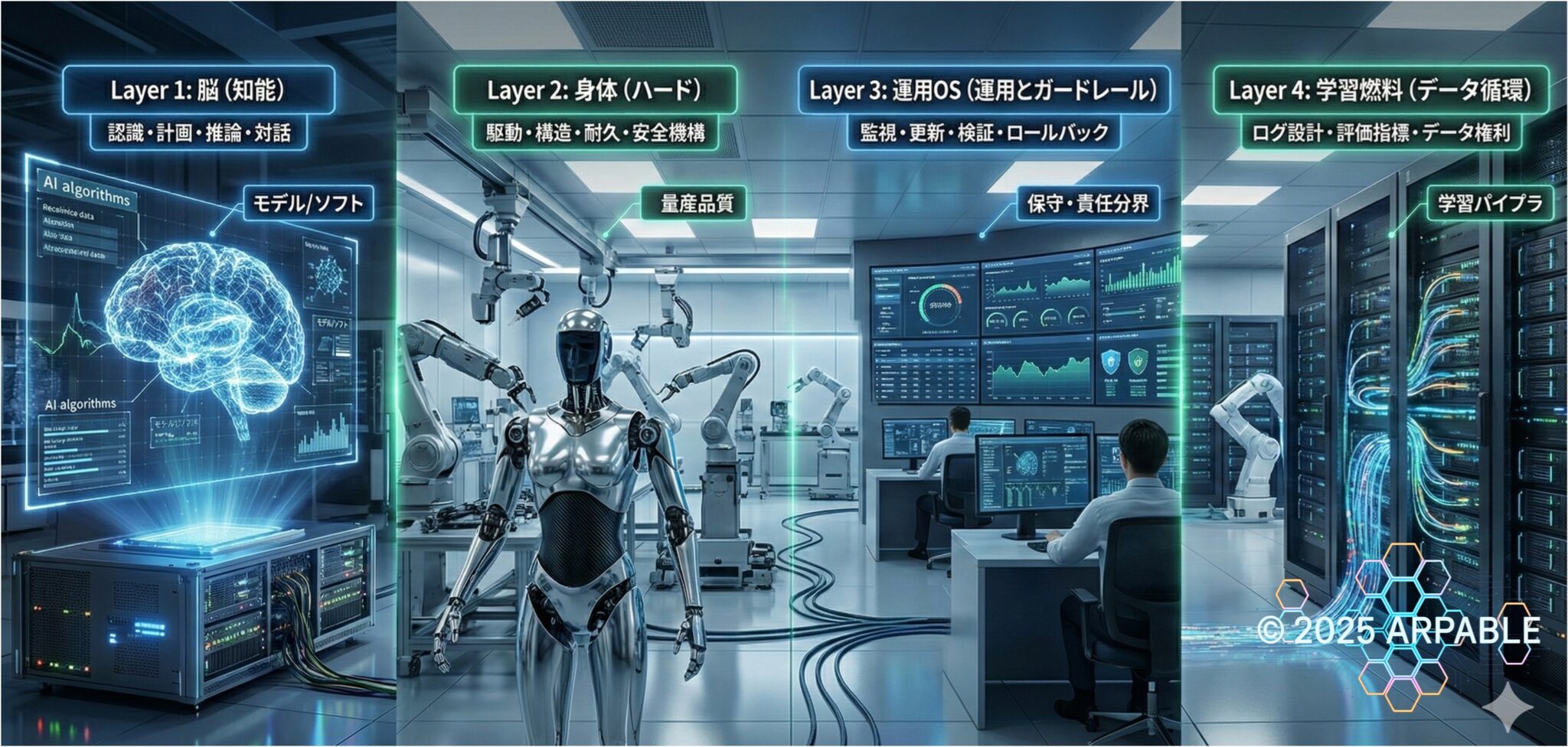 ロボット事業を脳・身体・運用OS・学習燃料の4レイヤーで見る図